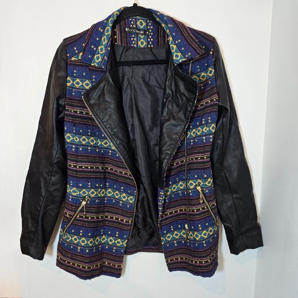 Women's Aztec Moto Jacket Size Medium Zip Up Faux Leather Tapestry Bomber Black - Picture 2 of 9
